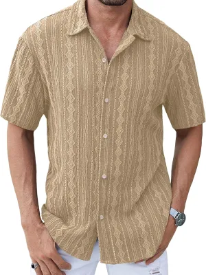 PLEPAN Men's Beach Casual Shirts Button Down Shirts Short Sleeve Tropical Summer Vacation Shirts with Vintage Striped