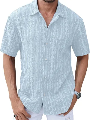 PLEPAN Men's Beach Casual Shirts Button Down Shirts Short Sleeve Tropical Summer Vacation Shirts with Vintage Striped