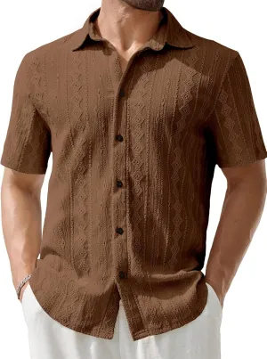 PLEPAN Men's Beach Casual Shirts Button Down Shirts Short Sleeve Tropical Summer Vacation Shirts with Vintage Striped