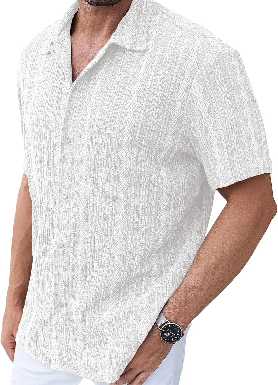 PLEPAN Men's Beach Casual Shirts Button Down Shirts Short Sleeve Tropical Summer Vacation Shirts with Vintage Striped
