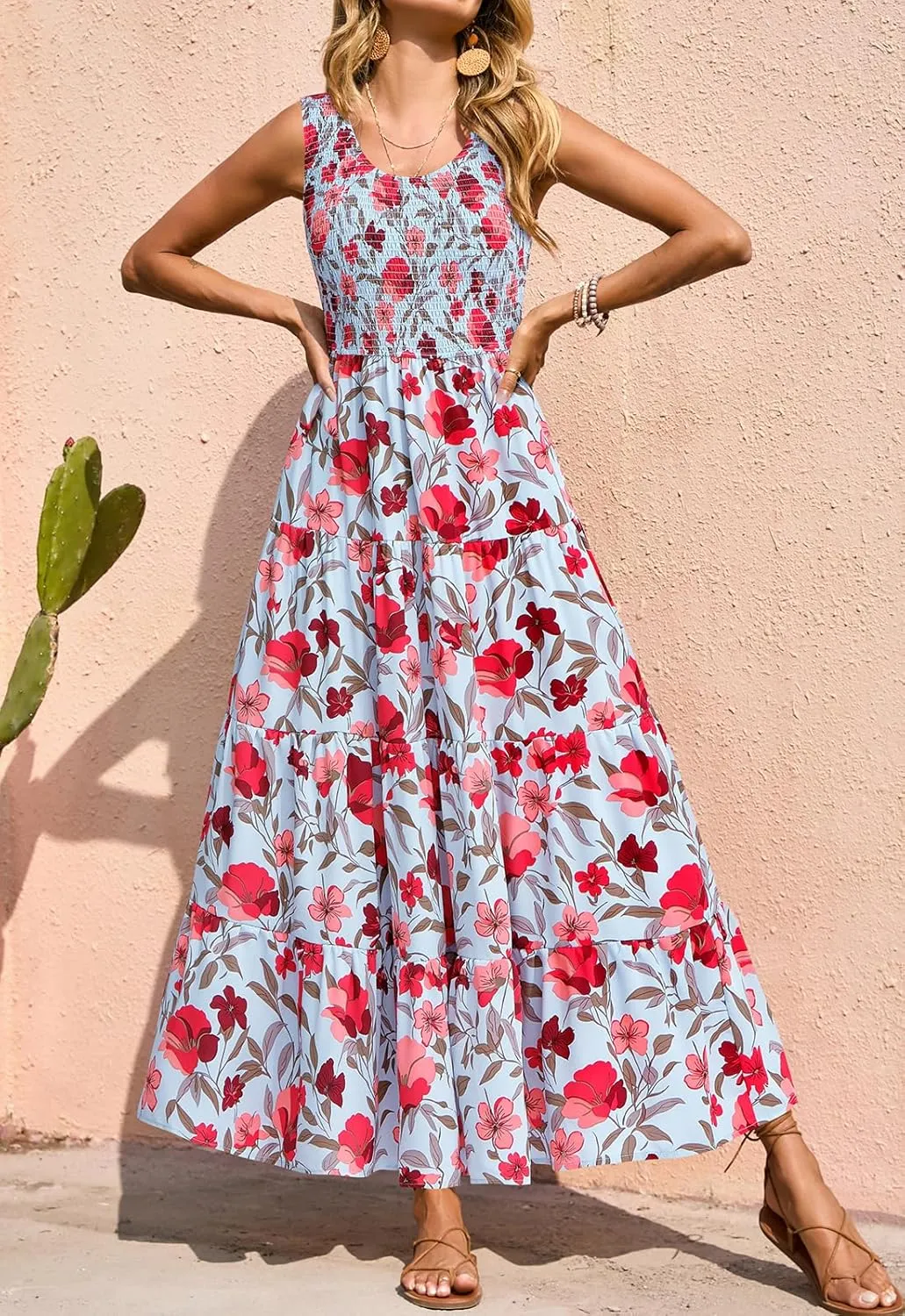 PRETTYGARDEN Smocked Tank Floral Maxi Dresses for Women 2025 Wedding Guest Dress Sleeveless Flowy Long Sundress with Pockets