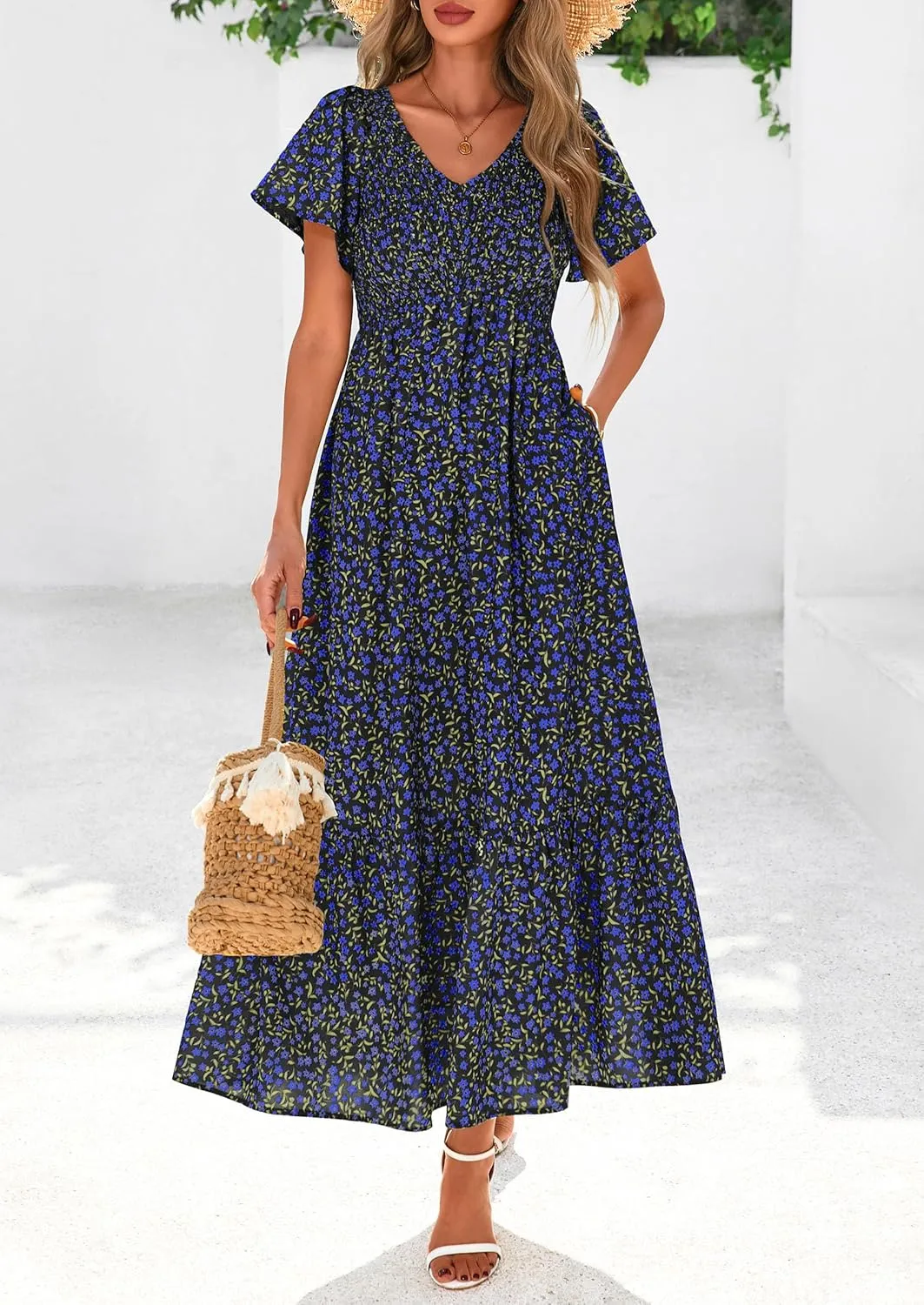 PRETTYGARDEN Women Floral Boho Maxi Dresses Summer Short Sleeve V Neck Smocked A Line Long Flowy Beach Vacation Dress