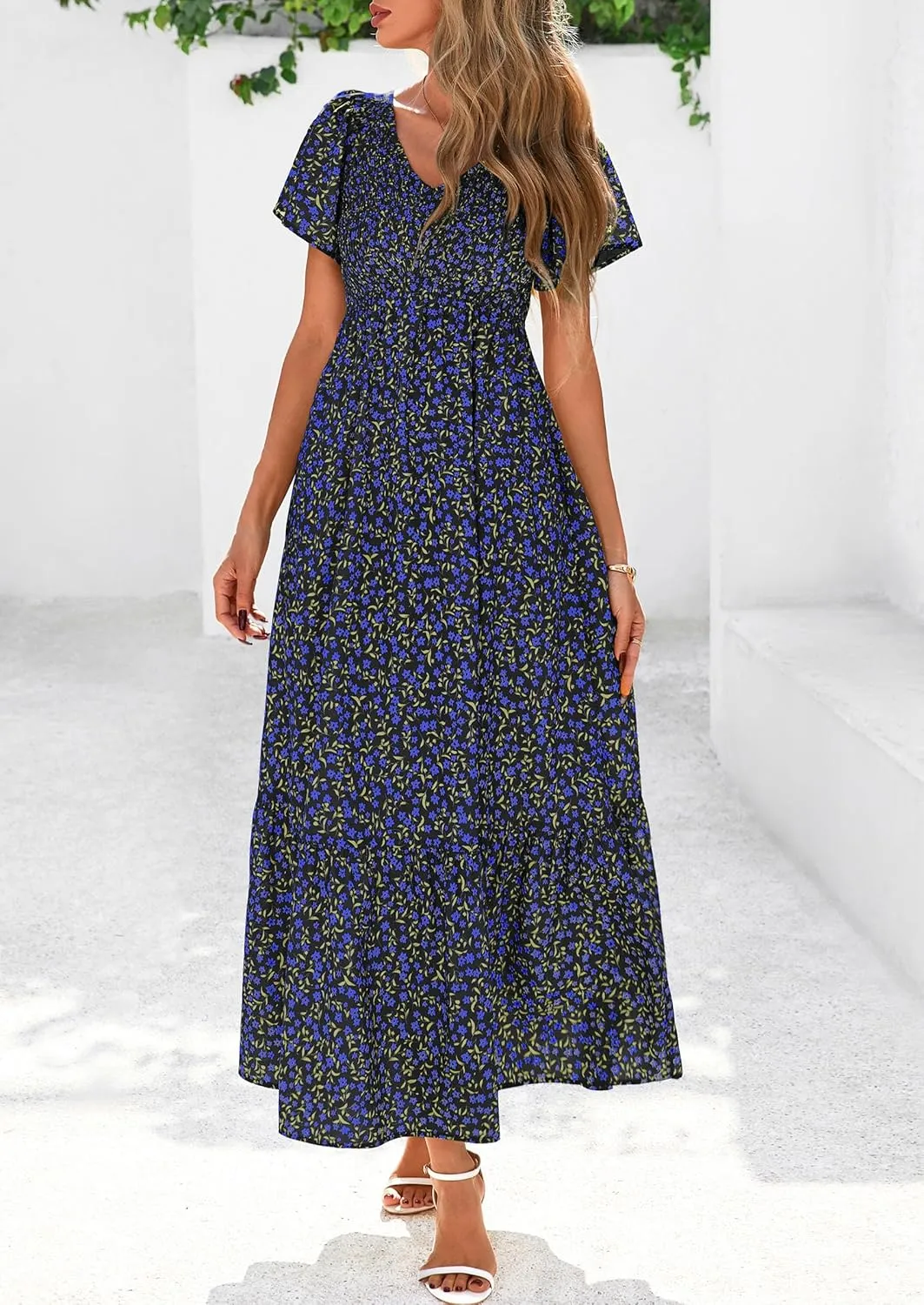 PRETTYGARDEN Women Floral Boho Maxi Dresses Summer Short Sleeve V Neck Smocked A Line Long Flowy Beach Vacation Dress