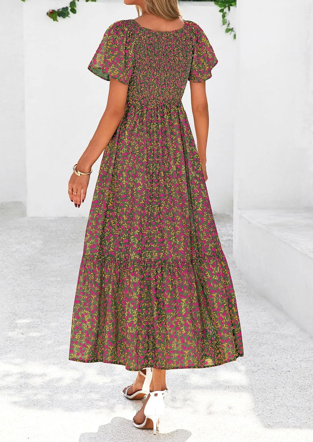 PRETTYGARDEN Women Floral Boho Maxi Dresses Summer Short Sleeve V Neck Smocked A Line Long Flowy Beach Vacation Dress