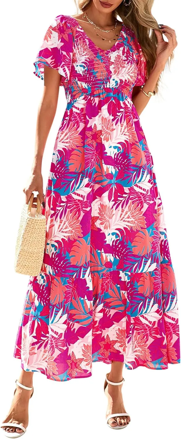 PRETTYGARDEN Women Floral Boho Maxi Dresses Summer Short Sleeve V Neck Smocked A Line Long Flowy Beach Vacation Dress