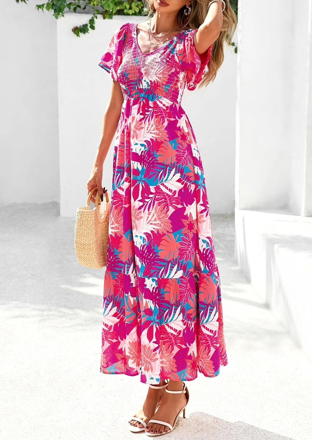 PRETTYGARDEN Women Floral Boho Maxi Dresses Summer Short Sleeve V Neck Smocked A Line Long Flowy Beach Vacation Dress