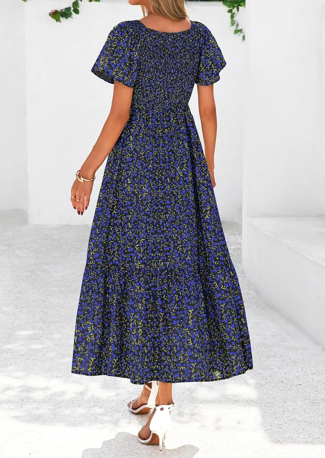 PRETTYGARDEN Women Floral Boho Maxi Dresses Summer Short Sleeve V Neck Smocked A Line Long Flowy Beach Vacation Dress