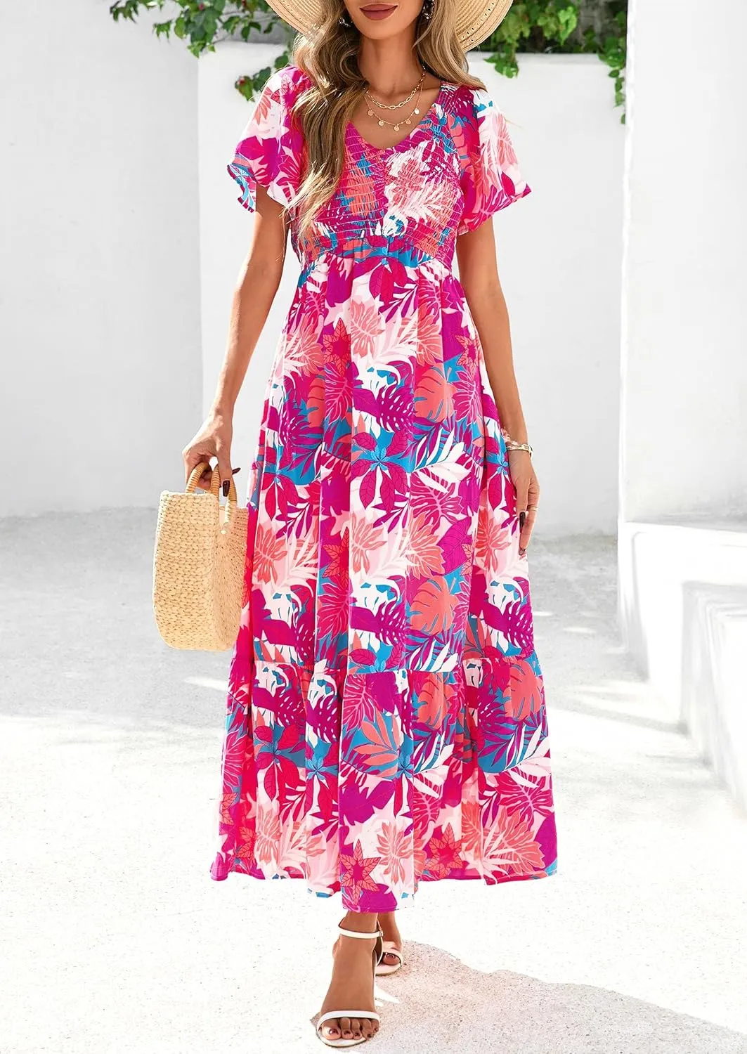 PRETTYGARDEN Women Floral Boho Maxi Dresses Summer Short Sleeve V Neck Smocked A Line Long Flowy Beach Vacation Dress