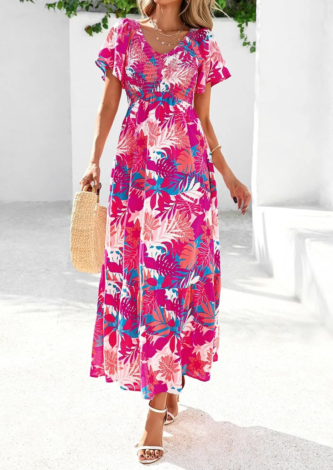 PRETTYGARDEN Women Floral Boho Maxi Dresses Summer Short Sleeve V Neck Smocked A Line Long Flowy Beach Vacation Dress