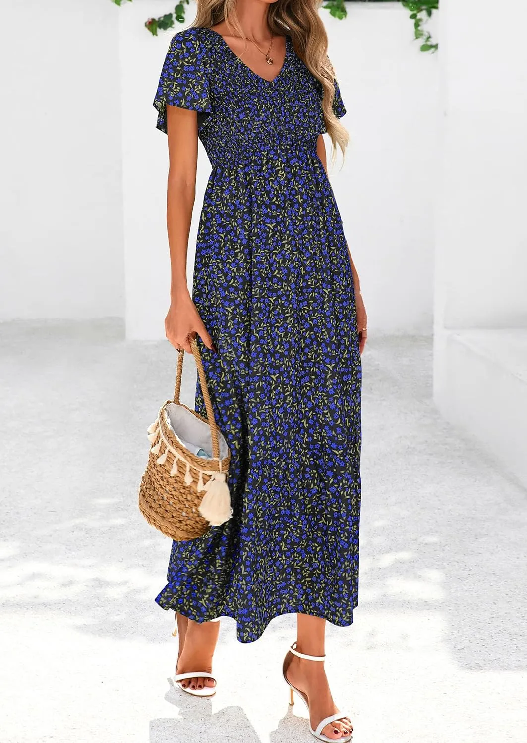 PRETTYGARDEN Women Floral Boho Maxi Dresses Summer Short Sleeve V Neck Smocked A Line Long Flowy Beach Vacation Dress