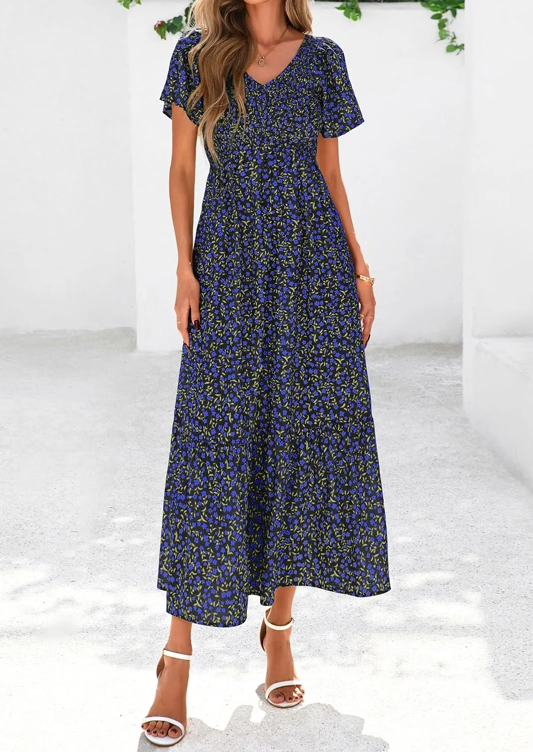PRETTYGARDEN Women Floral Boho Maxi Dresses Summer Short Sleeve V Neck Smocked A Line Long Flowy Beach Vacation Dress