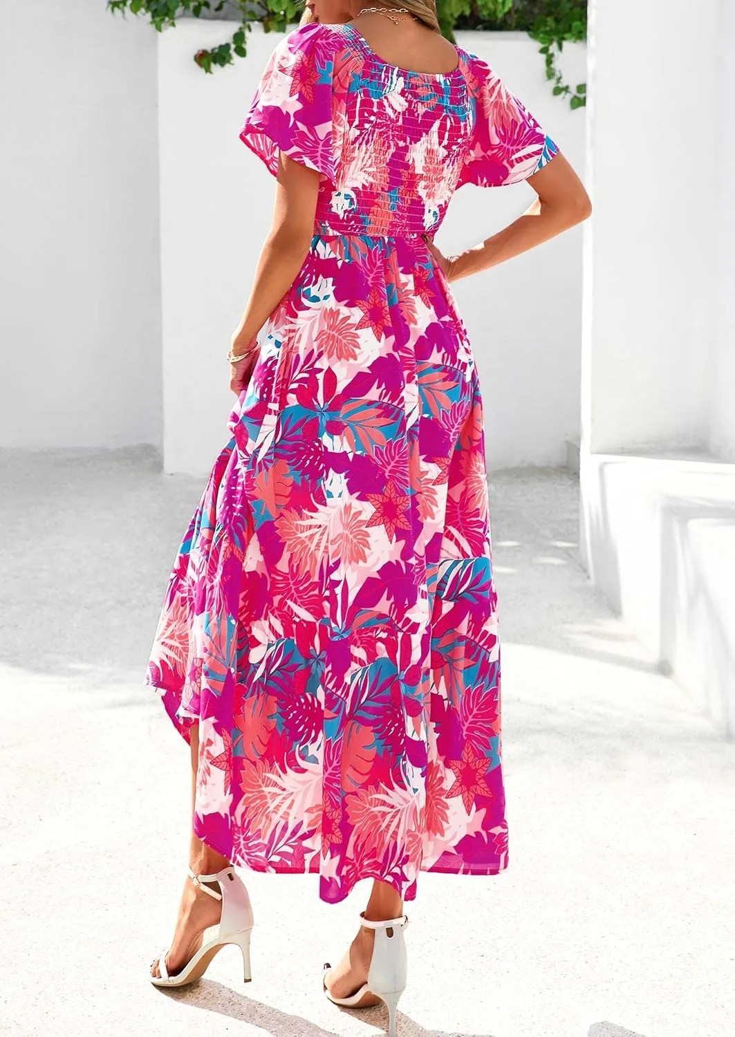 PRETTYGARDEN Women Floral Boho Maxi Dresses Summer Short Sleeve V Neck Smocked A Line Long Flowy Beach Vacation Dress