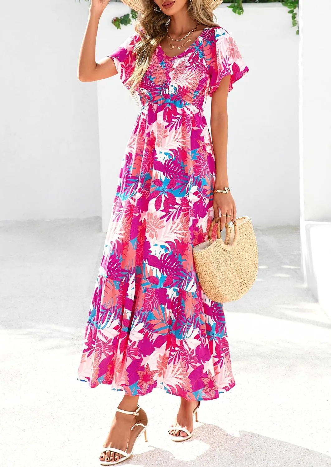 PRETTYGARDEN Women Floral Boho Maxi Dresses Summer Short Sleeve V Neck Smocked A Line Long Flowy Beach Vacation Dress