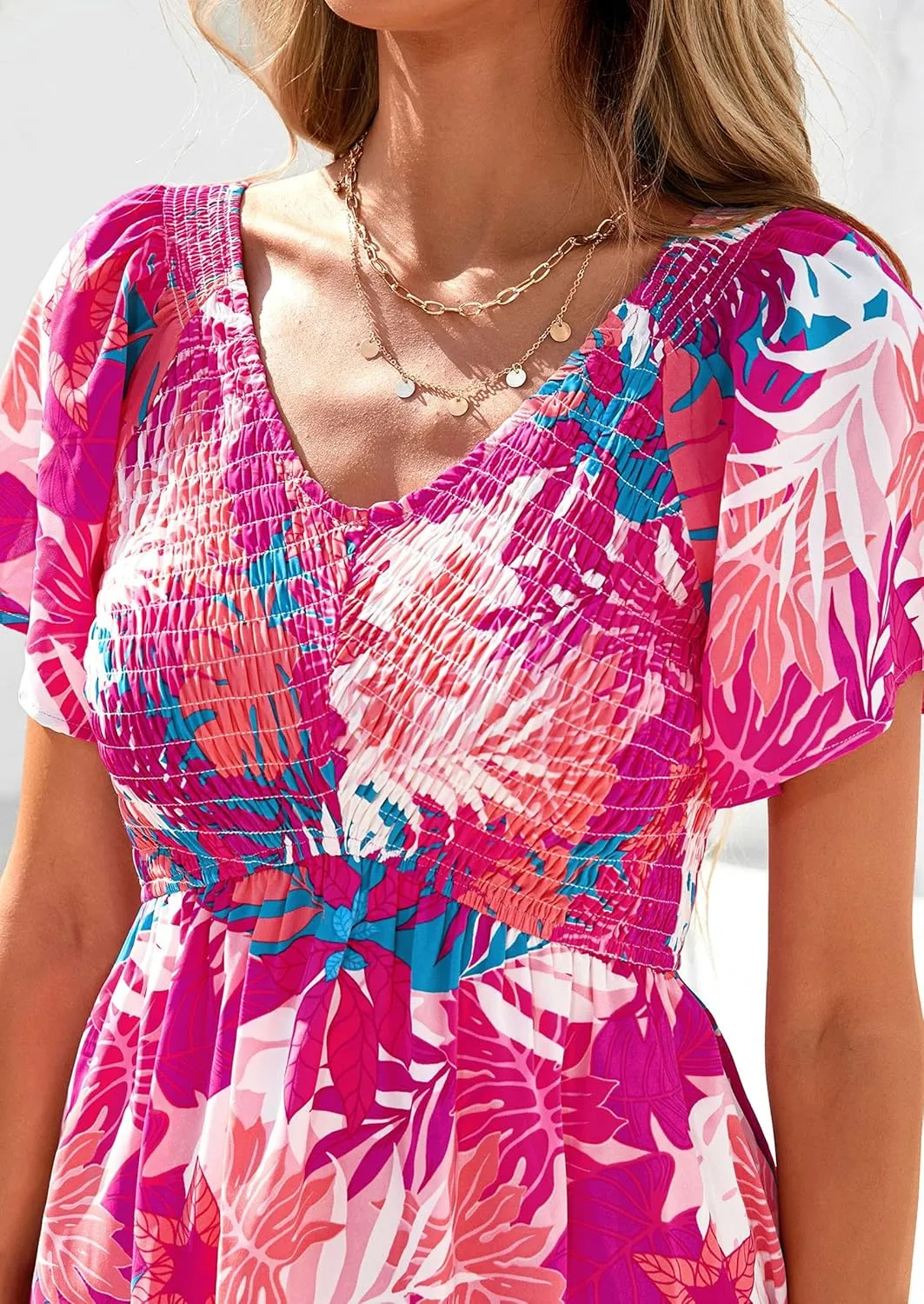 PRETTYGARDEN Women Floral Boho Maxi Dresses Summer Short Sleeve V Neck Smocked A Line Long Flowy Beach Vacation Dress