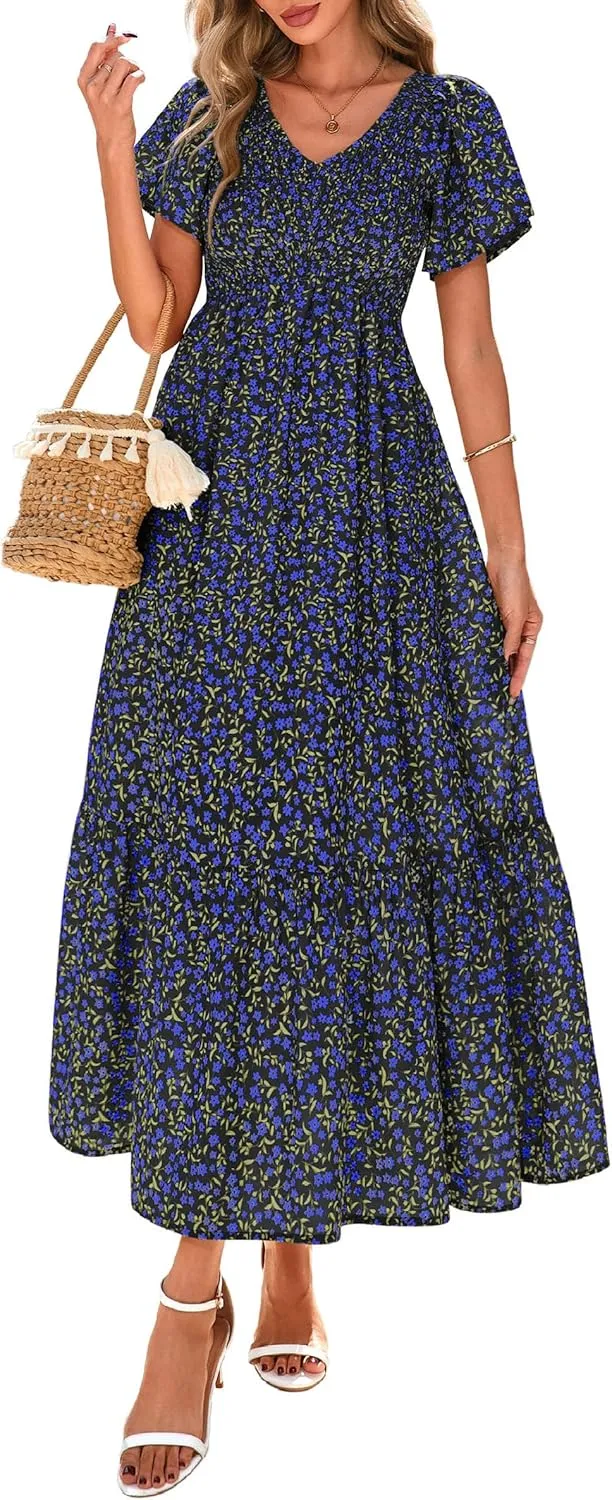PRETTYGARDEN Women Floral Boho Maxi Dresses Summer Short Sleeve V Neck Smocked A Line Long Flowy Beach Vacation Dress