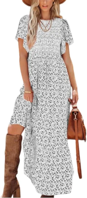 PRETTYGARDEN Women's 2025 Summer Casual Flutter Short Sleeve Boho Floral Maxi Dress Crew Neck Smocked Tiered Long Dresses