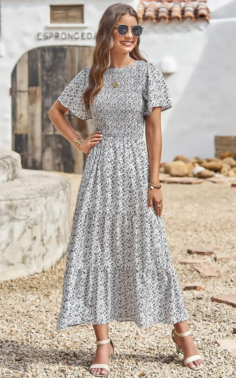 PRETTYGARDEN Women's 2025 Summer Casual Flutter Short Sleeve Boho Floral Maxi Dress Crew Neck Smocked Tiered Long Dresses