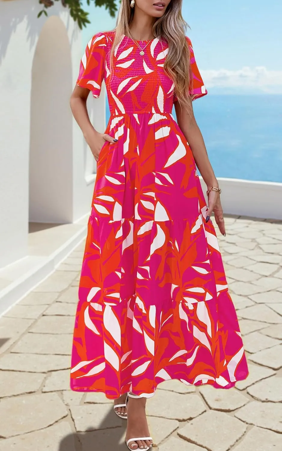 PRETTYGARDEN Women's 2025 Summer Casual Flutter Short Sleeve Boho Floral Maxi Dress Crew Neck Smocked Tiered Long Dresses