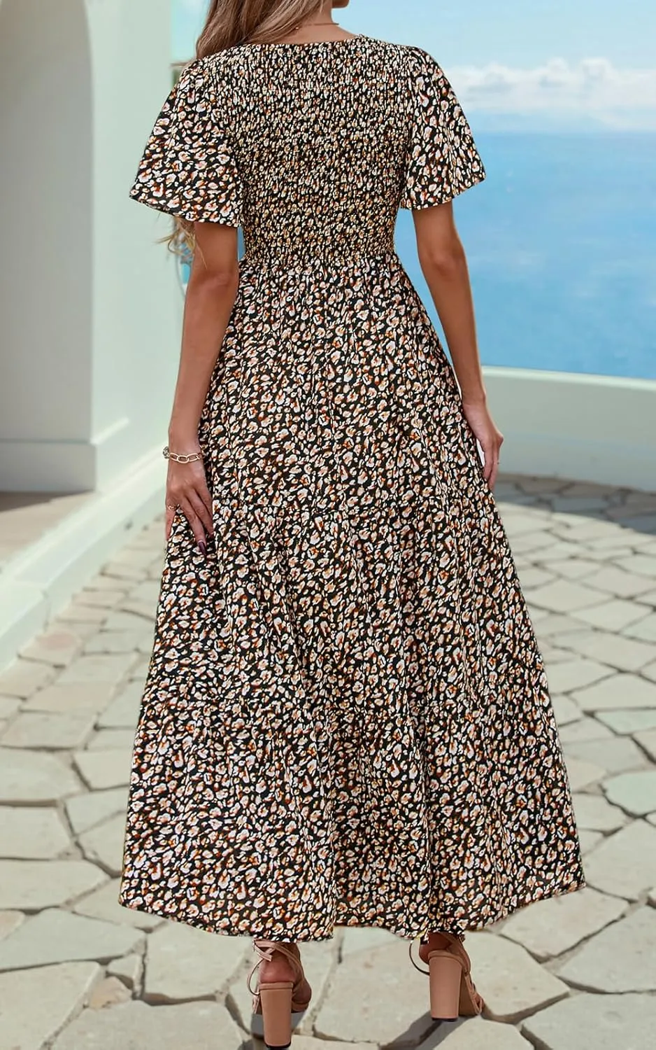 PRETTYGARDEN Women's 2025 Summer Casual Flutter Short Sleeve Boho Floral Maxi Dress Crew Neck Smocked Tiered Long Dresses