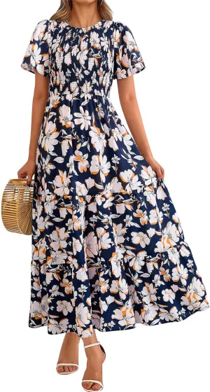 PRETTYGARDEN Women's 2025 Summer Casual Flutter Short Sleeve Boho Floral Maxi Dress Crew Neck Smocked Tiered Long Dresses