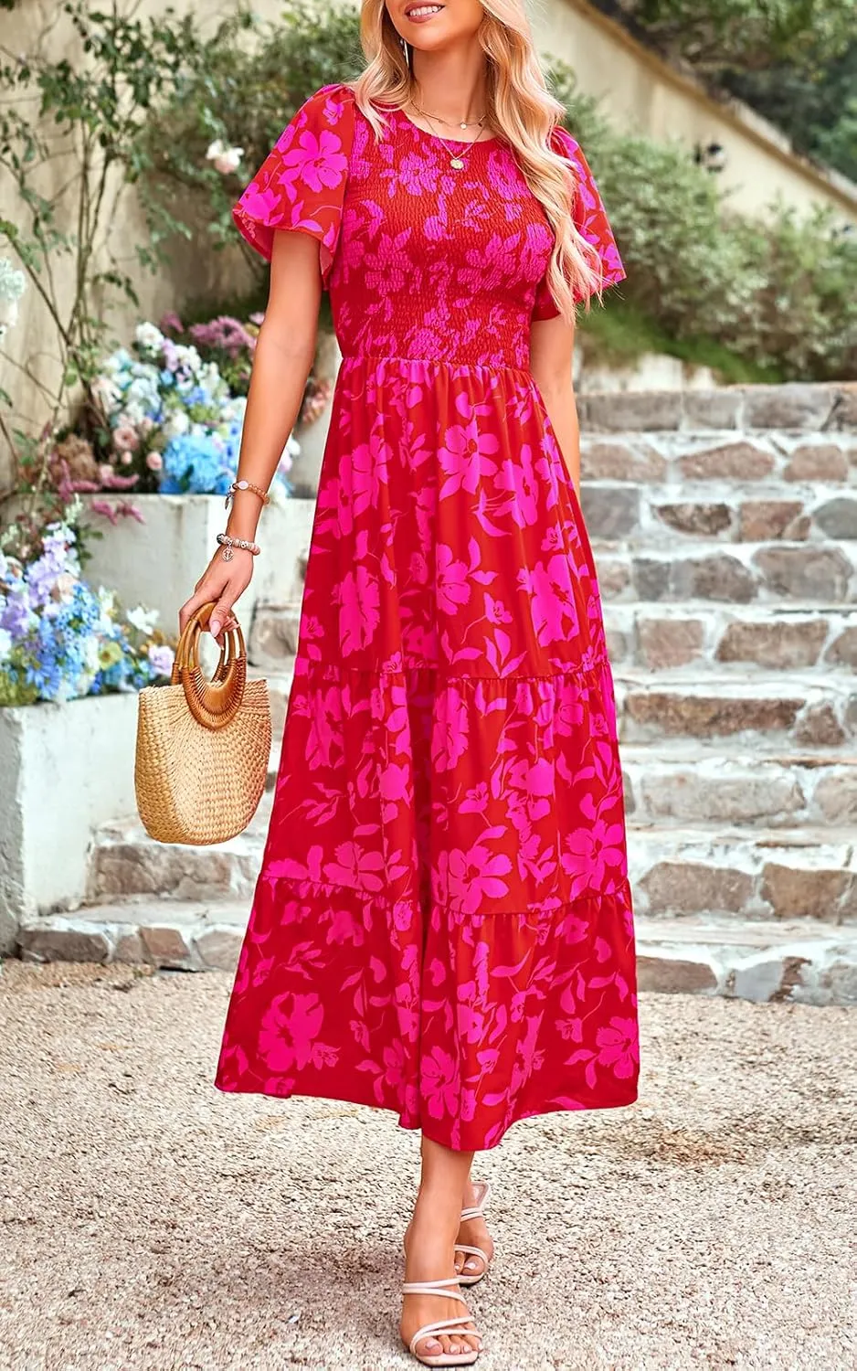 PRETTYGARDEN Women's 2025 Summer Casual Flutter Short Sleeve Boho Floral Maxi Dress Crew Neck Smocked Tiered Long Dresses