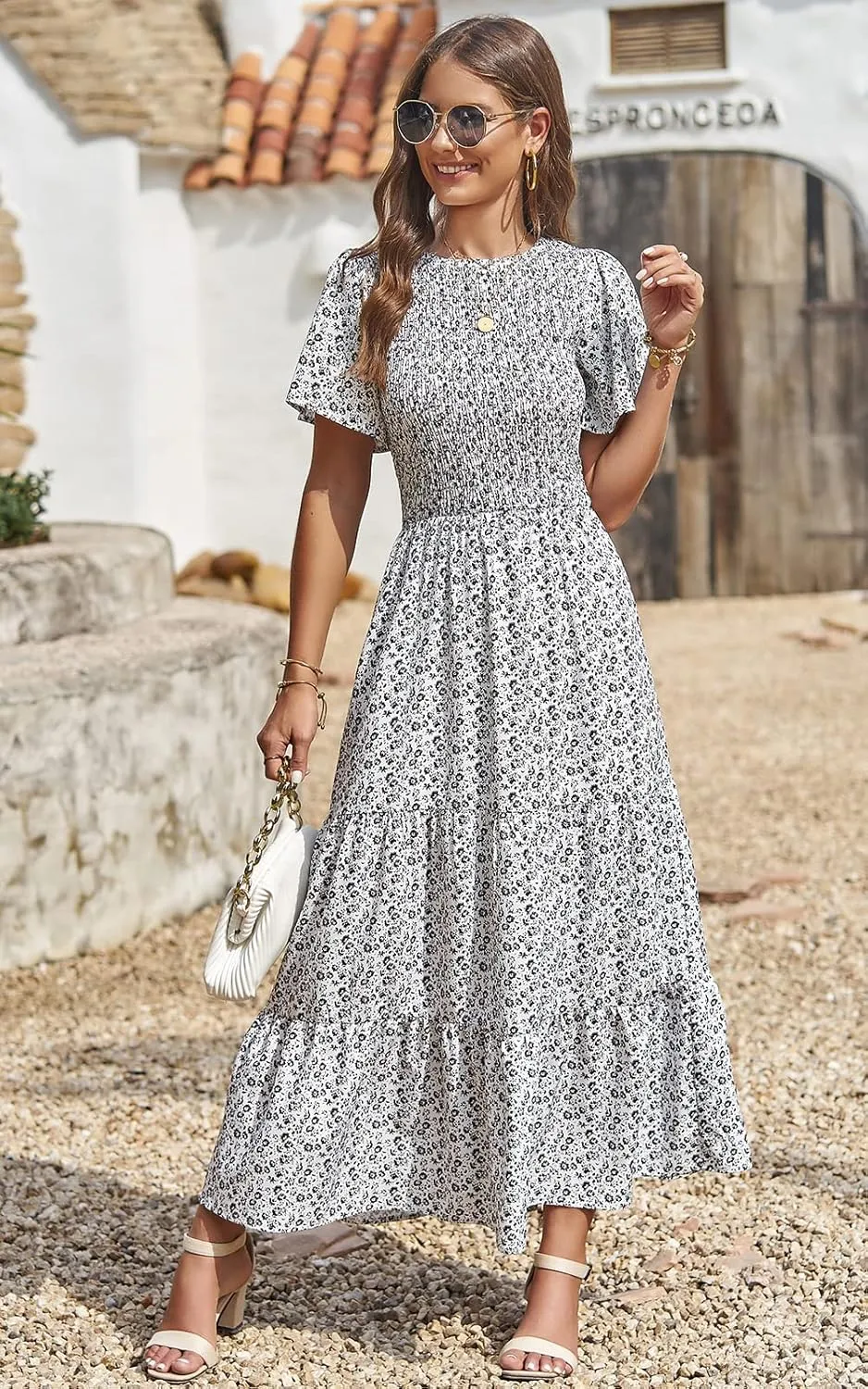 PRETTYGARDEN Women's 2025 Summer Casual Flutter Short Sleeve Boho Floral Maxi Dress Crew Neck Smocked Tiered Long Dresses