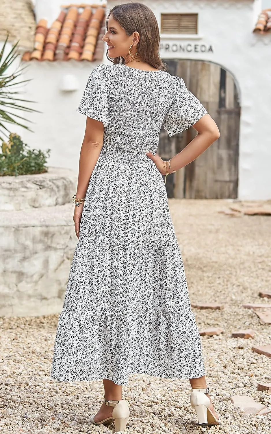 PRETTYGARDEN Women's 2025 Summer Casual Flutter Short Sleeve Boho Floral Maxi Dress Crew Neck Smocked Tiered Long Dresses