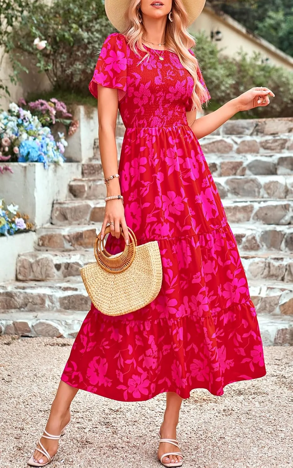 PRETTYGARDEN Women's 2025 Summer Casual Flutter Short Sleeve Boho Floral Maxi Dress Crew Neck Smocked Tiered Long Dresses