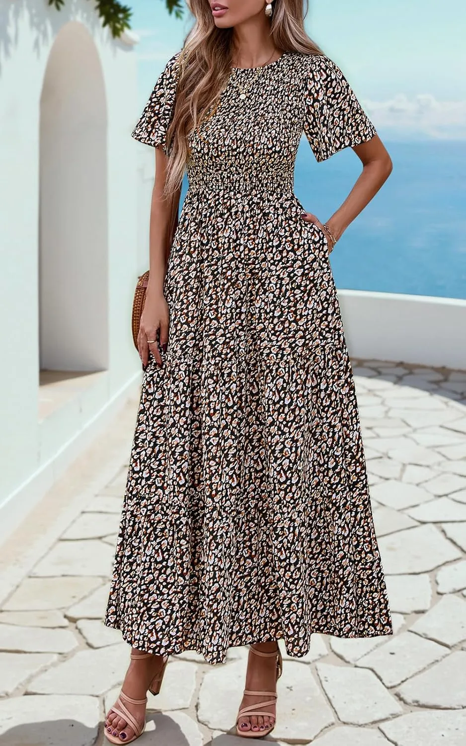 PRETTYGARDEN Women's 2025 Summer Casual Flutter Short Sleeve Boho Floral Maxi Dress Crew Neck Smocked Tiered Long Dresses