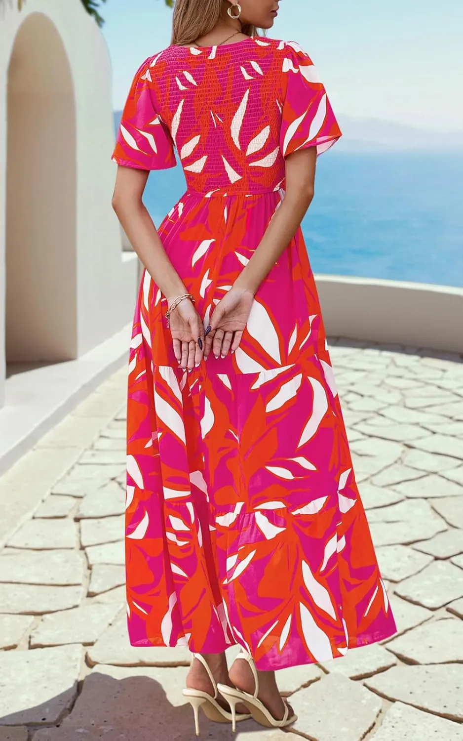 PRETTYGARDEN Women's 2025 Summer Casual Flutter Short Sleeve Boho Floral Maxi Dress Crew Neck Smocked Tiered Long Dresses