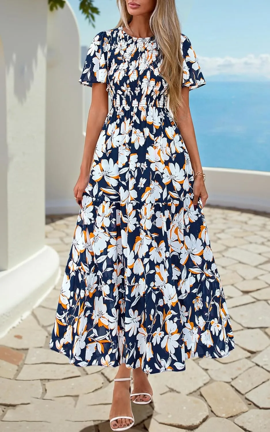 PRETTYGARDEN Women's 2025 Summer Casual Flutter Short Sleeve Boho Floral Maxi Dress Crew Neck Smocked Tiered Long Dresses