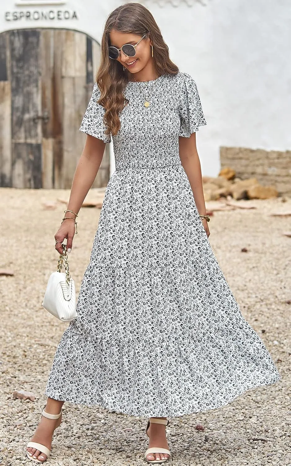 PRETTYGARDEN Women's 2025 Summer Casual Flutter Short Sleeve Boho Floral Maxi Dress Crew Neck Smocked Tiered Long Dresses