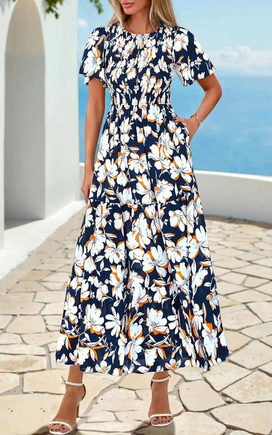 PRETTYGARDEN Women's 2025 Summer Casual Flutter Short Sleeve Boho Floral Maxi Dress Crew Neck Smocked Tiered Long Dresses