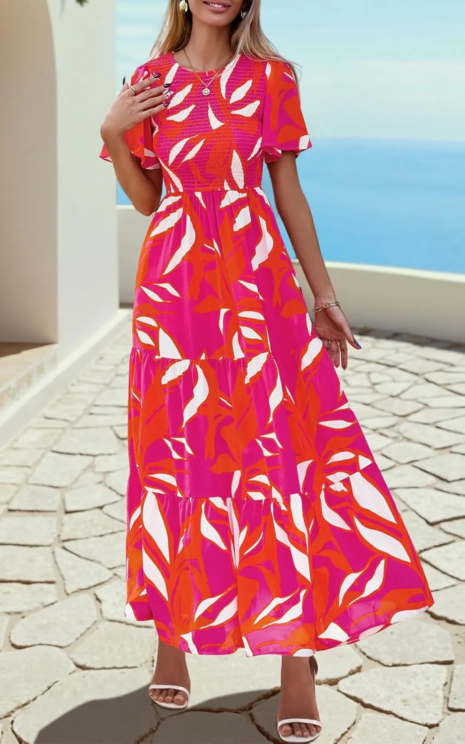 PRETTYGARDEN Women's 2025 Summer Casual Flutter Short Sleeve Boho Floral Maxi Dress Crew Neck Smocked Tiered Long Dresses