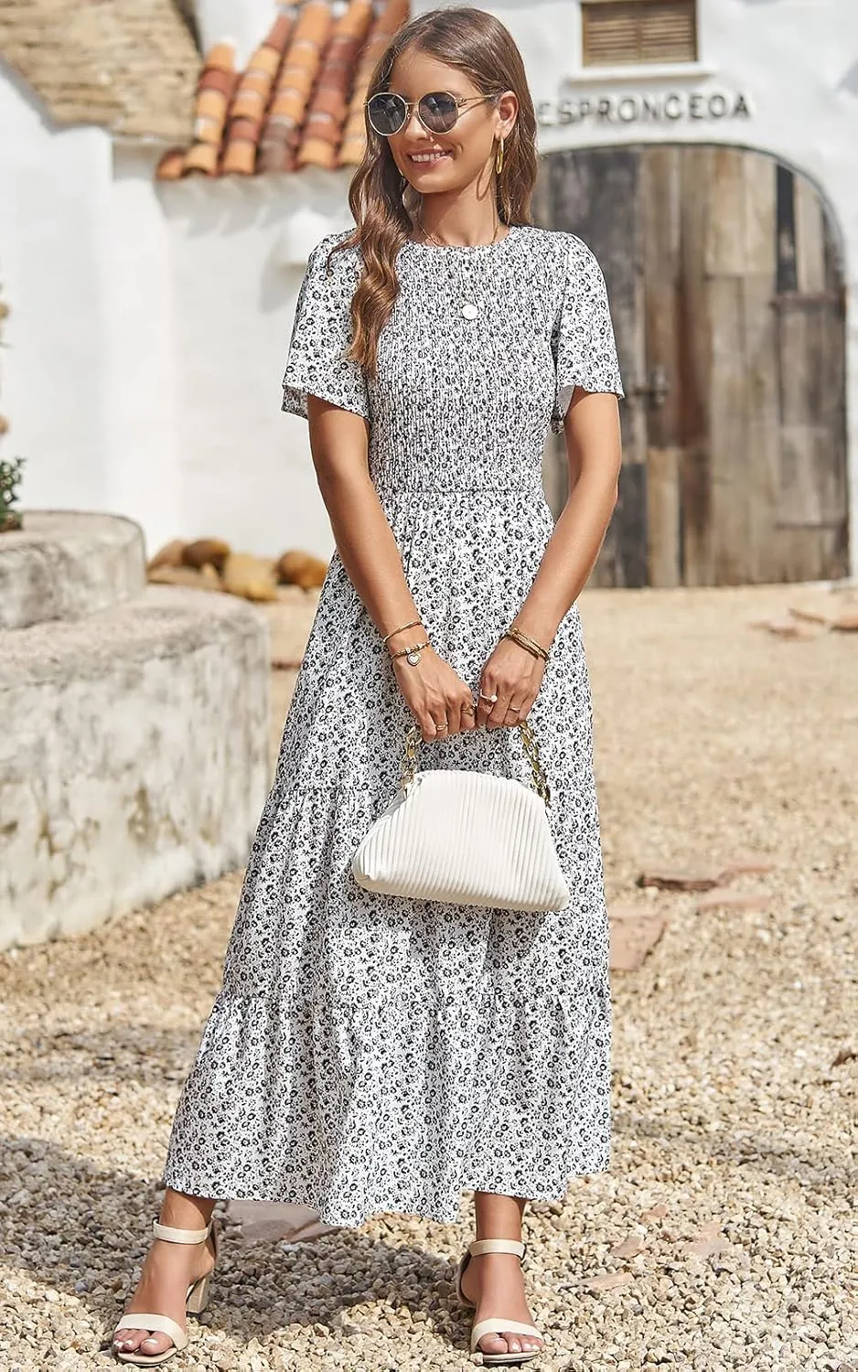 PRETTYGARDEN Women's 2025 Summer Casual Flutter Short Sleeve Boho Floral Maxi Dress Crew Neck Smocked Tiered Long Dresses