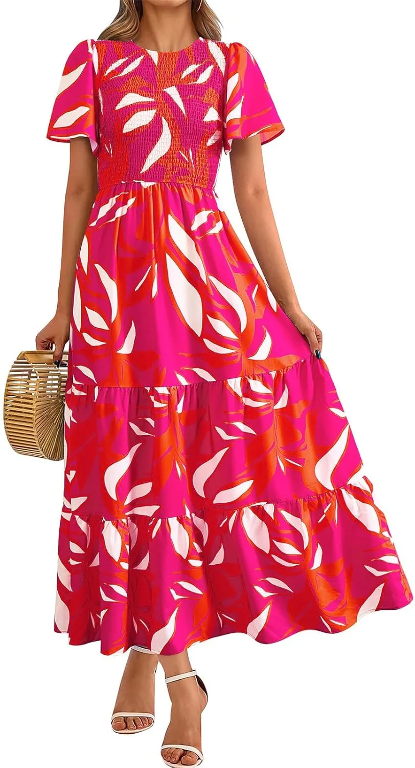 PRETTYGARDEN Women's 2025 Summer Casual Flutter Short Sleeve Boho Floral Maxi Dress Crew Neck Smocked Tiered Long Dresses