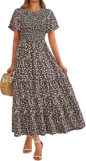 PRETTYGARDEN Women's 2025 Summer Casual Flutter Short Sleeve Boho Floral Maxi Dress Crew Neck Smocked Tiered Long Dresses