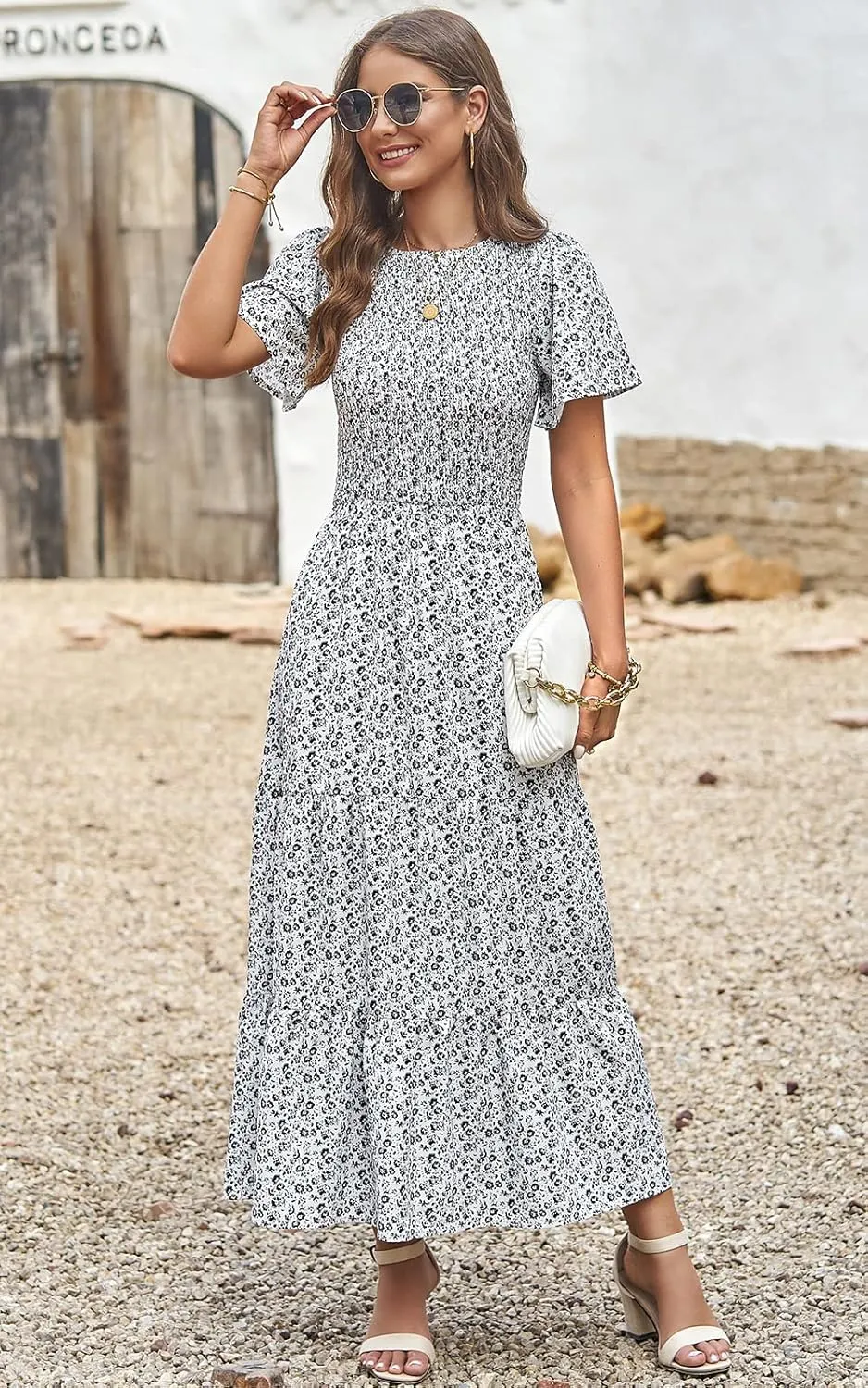 PRETTYGARDEN Women's 2025 Summer Casual Flutter Short Sleeve Boho Floral Maxi Dress Crew Neck Smocked Tiered Long Dresses
