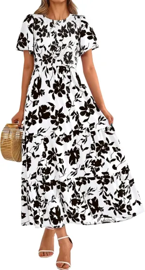 PRETTYGARDEN Women's 2025 Summer Casual Flutter Short Sleeve Boho Floral Maxi Dress Crew Neck Smocked Tiered Long Dresses