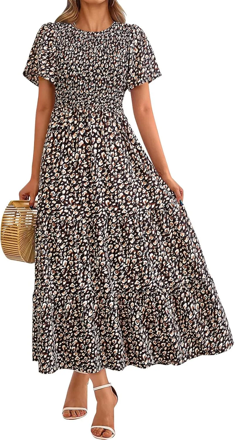 PRETTYGARDEN Women's 2025 Summer Casual Flutter Short Sleeve Boho Floral Maxi Dress Crew Neck Smocked Tiered Long Dresses