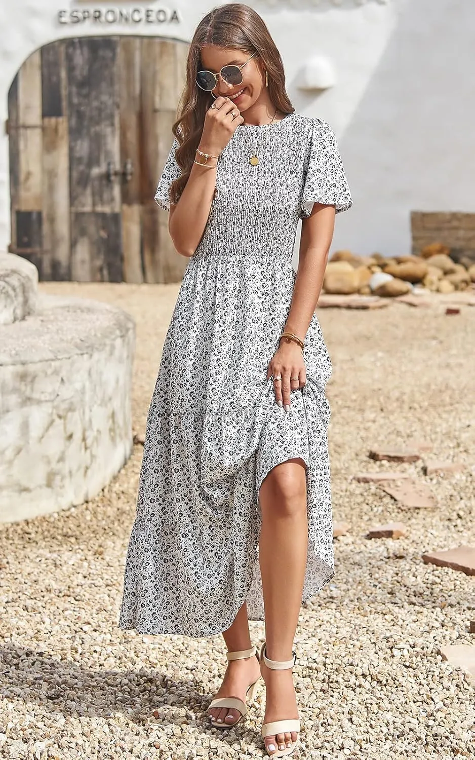PRETTYGARDEN Women's 2025 Summer Casual Flutter Short Sleeve Boho Floral Maxi Dress Crew Neck Smocked Tiered Long Dresses