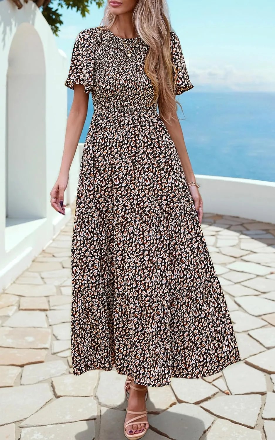 PRETTYGARDEN Women's 2025 Summer Casual Flutter Short Sleeve Boho Floral Maxi Dress Crew Neck Smocked Tiered Long Dresses