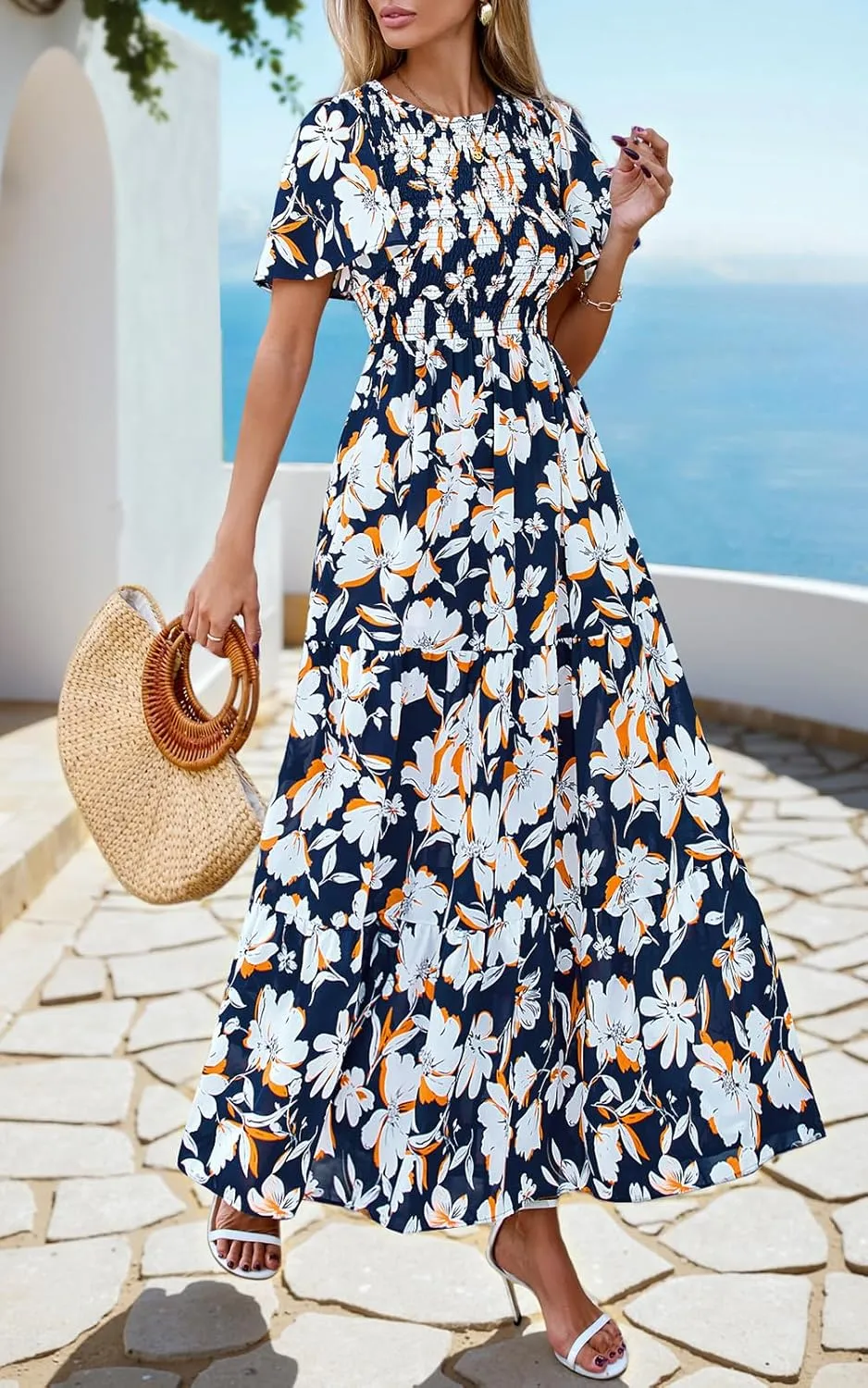 PRETTYGARDEN Women's 2025 Summer Casual Flutter Short Sleeve Boho Floral Maxi Dress Crew Neck Smocked Tiered Long Dresses