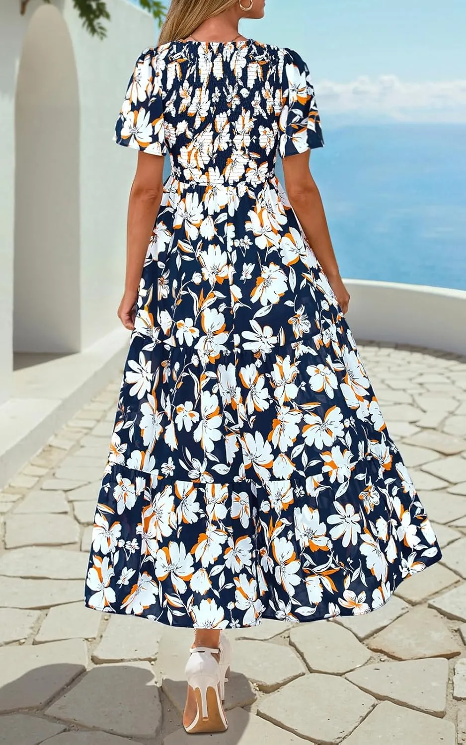 PRETTYGARDEN Women's 2025 Summer Casual Flutter Short Sleeve Boho Floral Maxi Dress Crew Neck Smocked Tiered Long Dresses