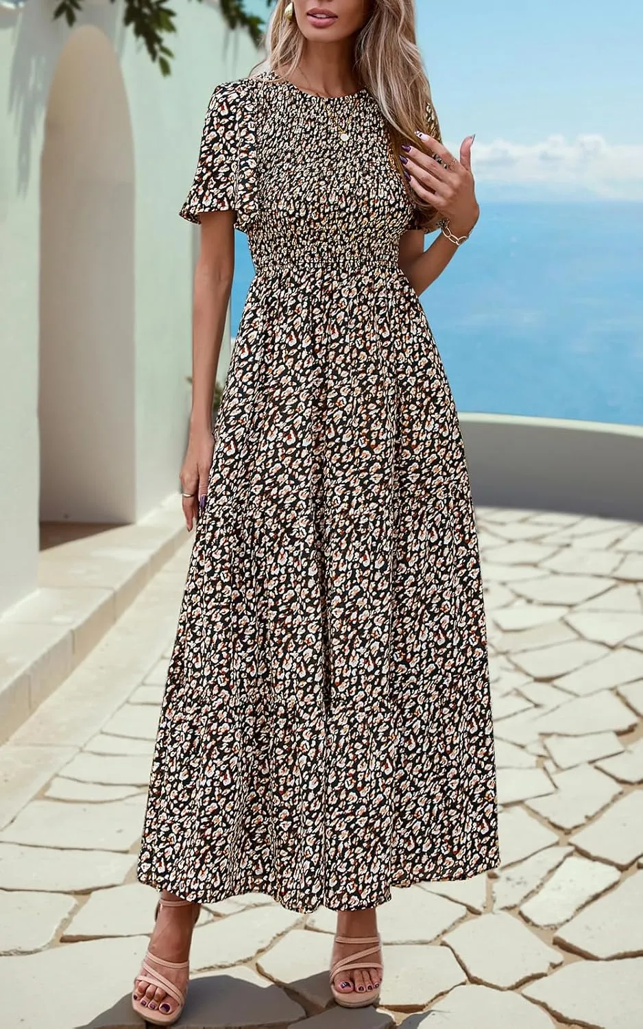 PRETTYGARDEN Women's 2025 Summer Casual Flutter Short Sleeve Boho Floral Maxi Dress Crew Neck Smocked Tiered Long Dresses
