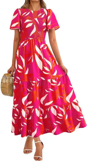 PRETTYGARDEN Women's 2025 Summer Casual Flutter Short Sleeve Boho Floral Maxi Dress Crew Neck Smocked Tiered Long Dresses