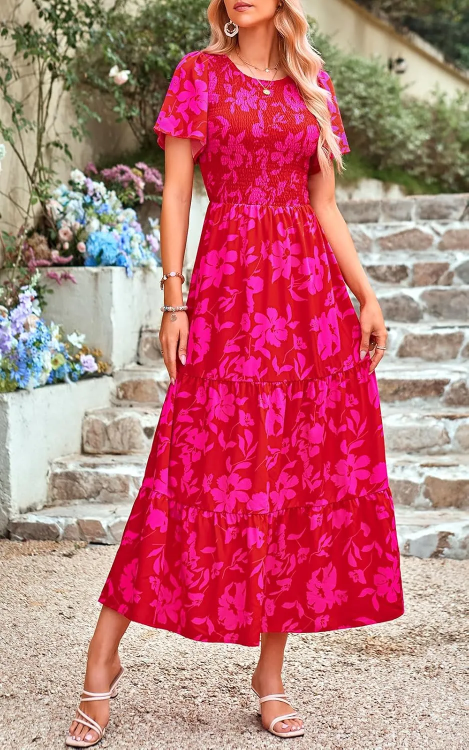 PRETTYGARDEN Women's 2025 Summer Casual Flutter Short Sleeve Boho Floral Maxi Dress Crew Neck Smocked Tiered Long Dresses