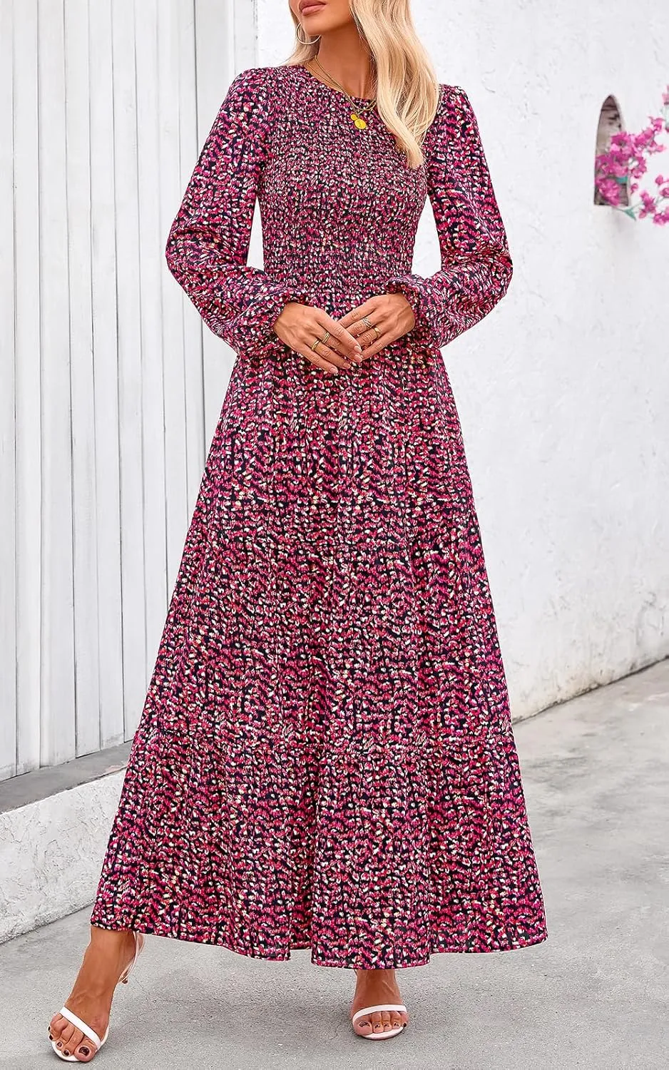 PRETTYGARDEN Women's Spring Dresses 2025 Long Sleeve Flowy Casual Floral Maxi Dress Crew Neck Smocked Tiered Long Dress