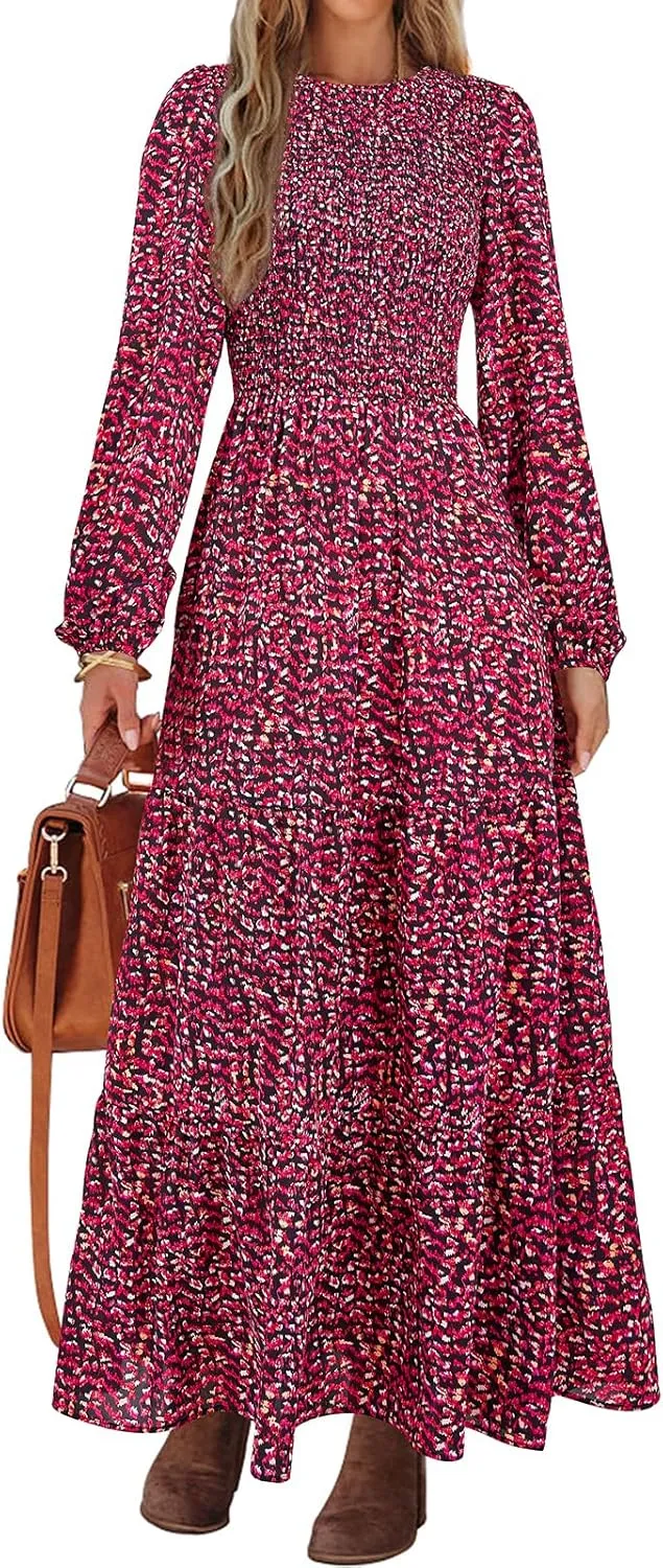 PRETTYGARDEN Women's Spring Dresses 2025 Long Sleeve Flowy Casual Floral Maxi Dress Crew Neck Smocked Tiered Long Dress