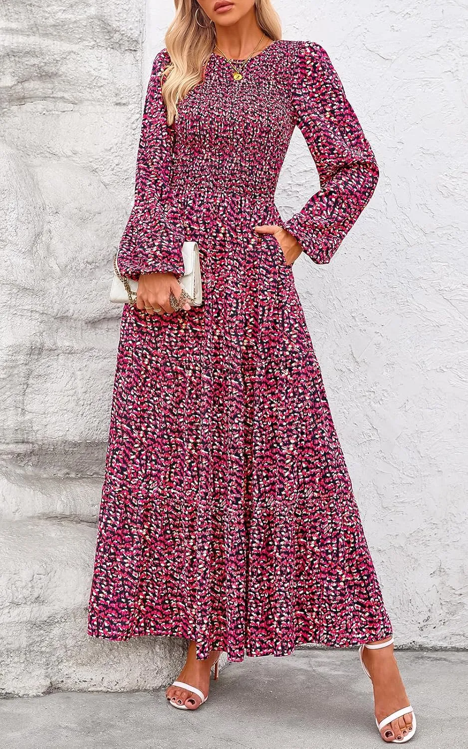 PRETTYGARDEN Women's Spring Dresses 2025 Long Sleeve Flowy Casual Floral Maxi Dress Crew Neck Smocked Tiered Long Dress